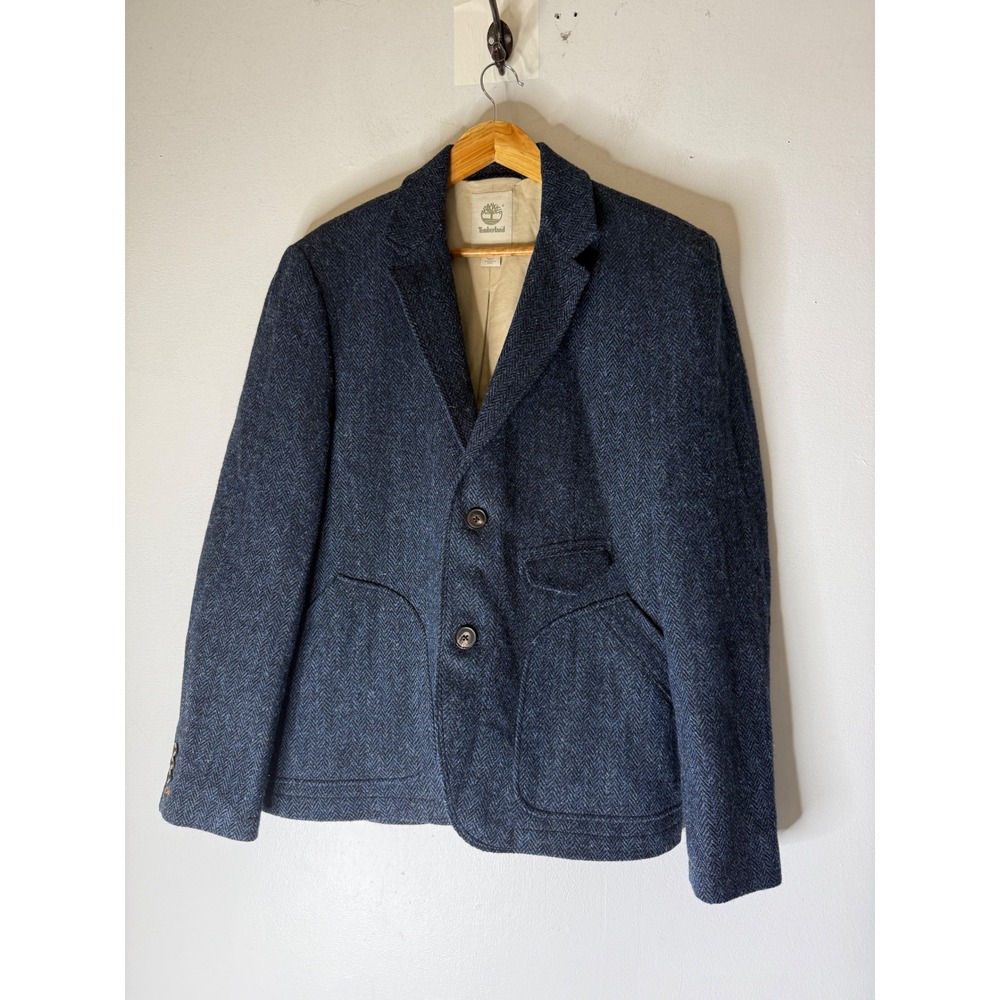 Timberland Harris Tweed Blue Herringbone Wool Blazer Sport Coat Mens Large 7506J